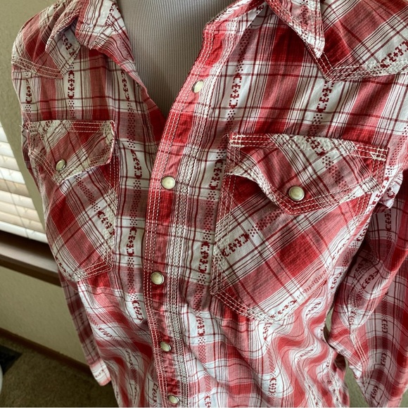 TwentyX Wrangler Western Shirt Pearl Snap Buttons Plaid Embroidered Red: XL - Picture 2 of 10